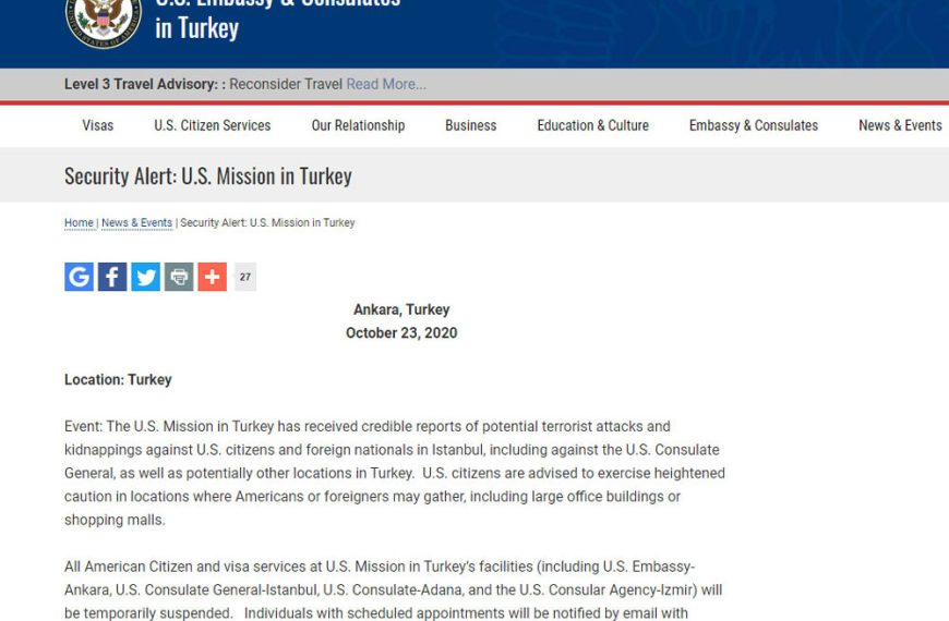 Η πρεσβεία των ΗΠΑ στην Τουρκία προειδοποιεί για τρομοκρατικές επιθέσεις