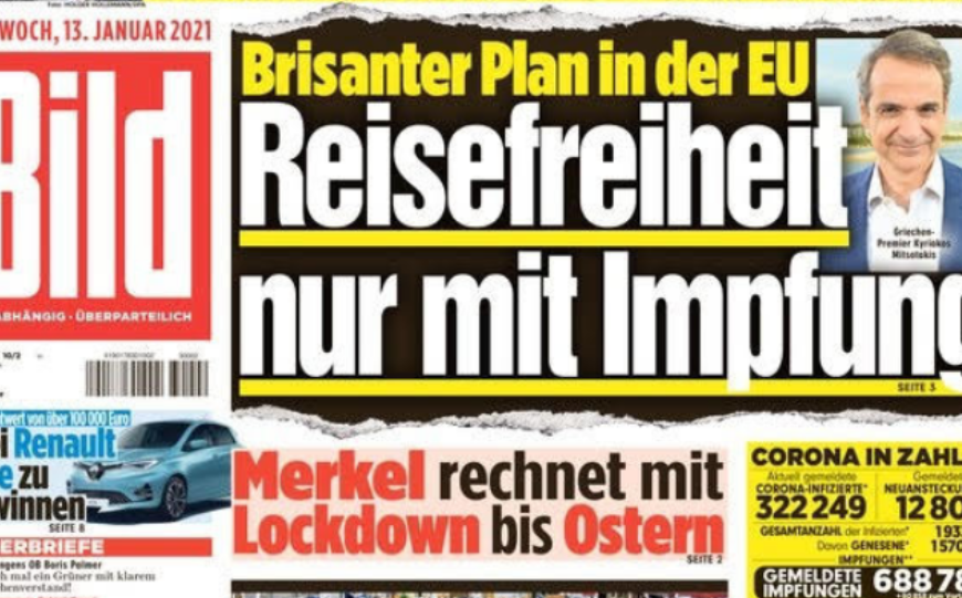 Η Bild επικροτεί την πρόταση Μητσοτάκη για πιστοποιητικό εμβολιασμού- Θεοχάρης: Δεν θα&hellip;