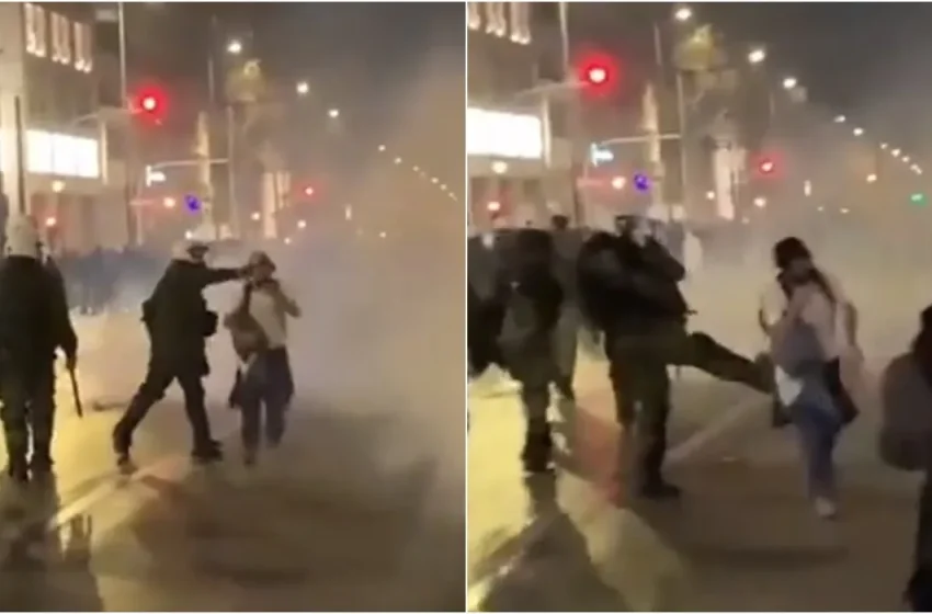ΜΑΤατζήδες χτύπησαν αδικαιολόγητα διαδηλωτή έξω από τα γραφεία της Hellenic Train στο κέντρο της Αθήνας