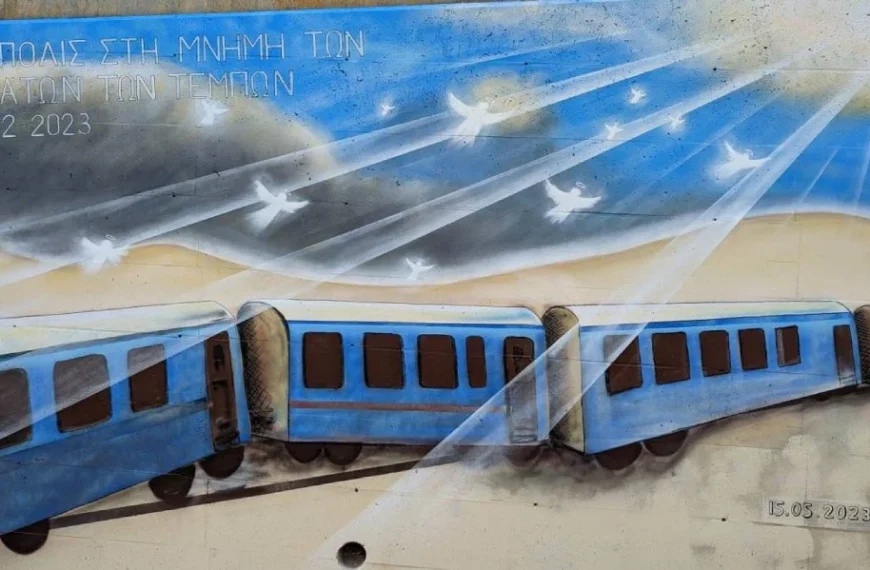 Γκράφιτι στη μνήμη των 57 θυμάτων του σιδηροδρομικού δυστυχήματος των Τεμπών
